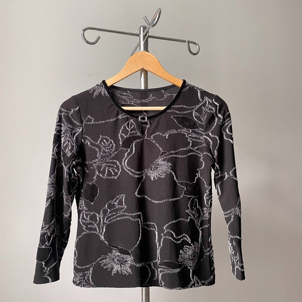 🍂  Y2K Vintage Black & Gray Abstract Floral Pattern 3/4 Sleeves Keyhole Velvet
